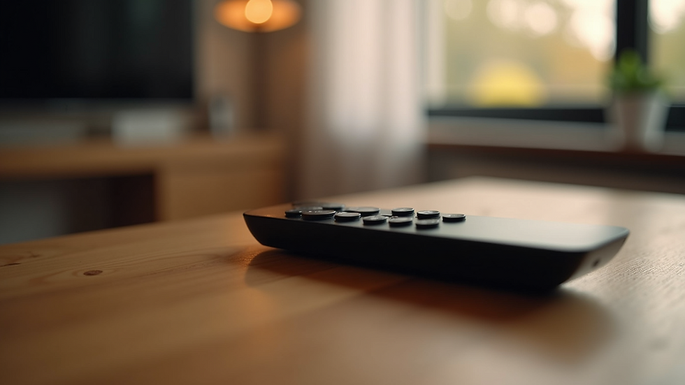 Close-up view of a streaming device remote control on a wooden table