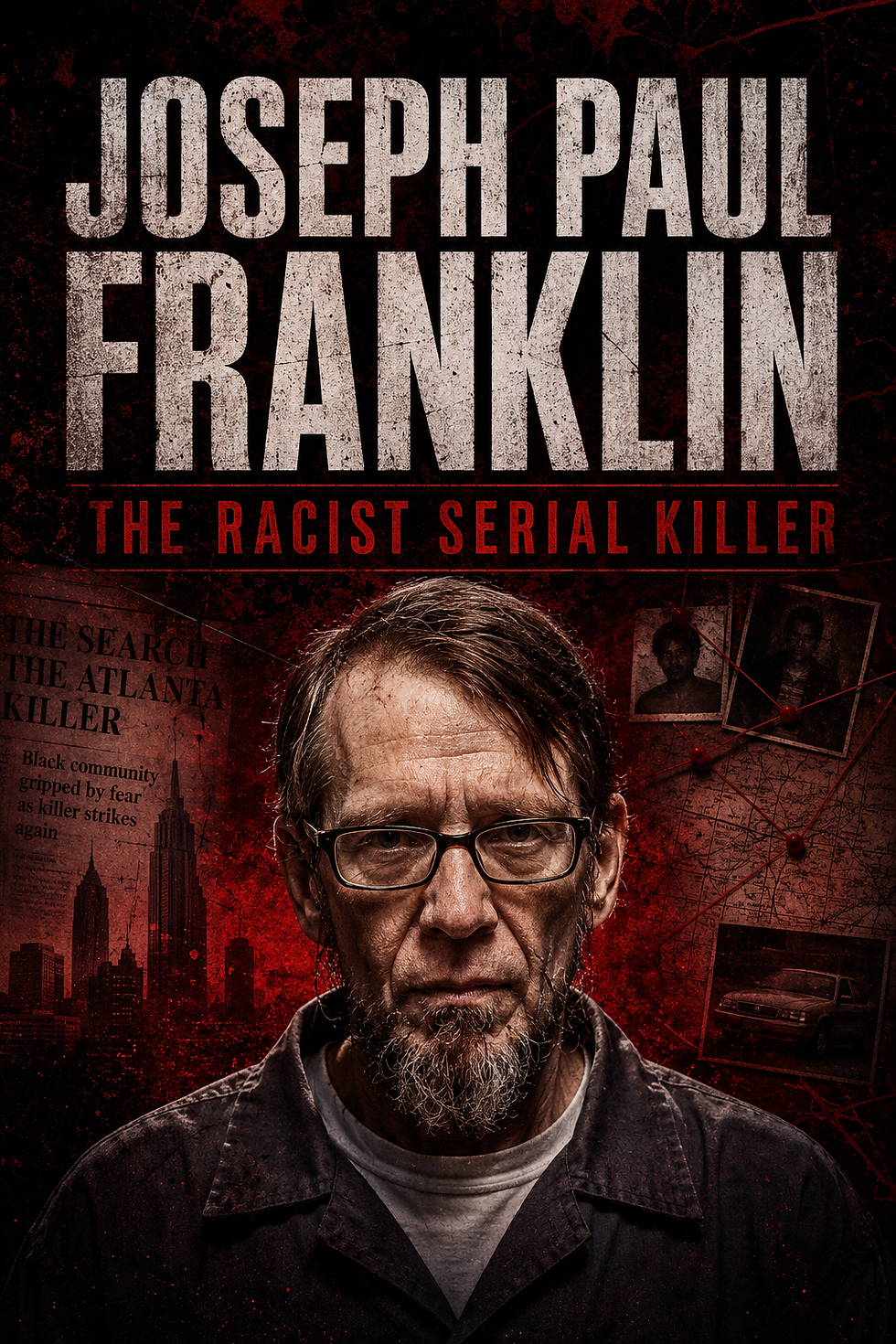 Movie poster of Joseph Paul Franklin, a stern man with glasses, over a red crime-board background with the text The Racist Serial Killer