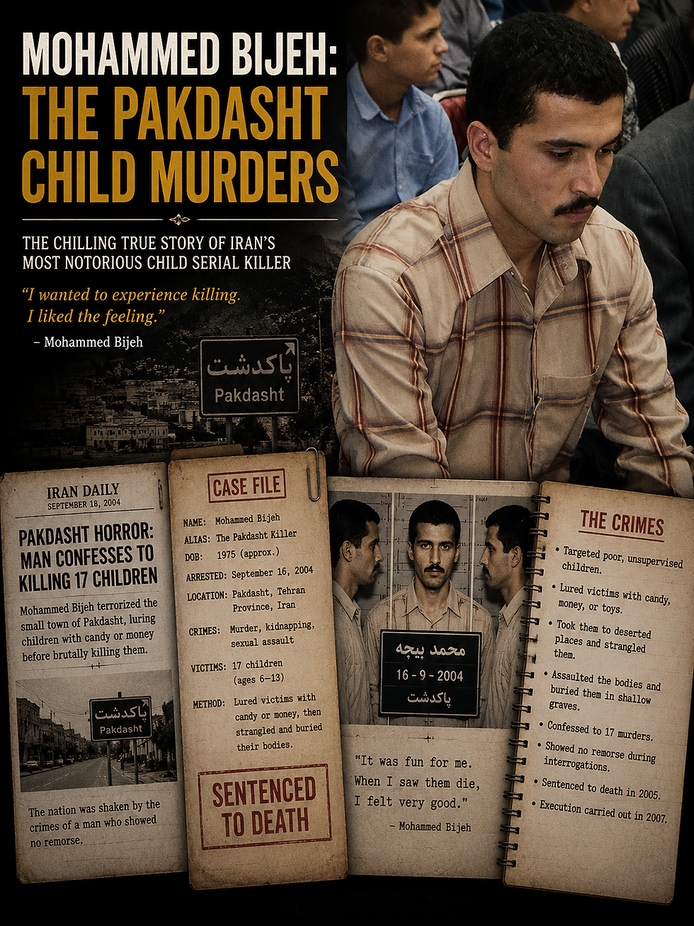 Crime documentary poster of Mohammed Bijeh, The Pakdasht Child Murders, with a serious seated man and case-file pages.