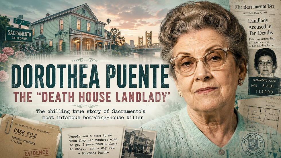 Poster of Dorothea Puente, elderly woman in glasses, with Sacramento house, police files, and headlines about the death house landlady.