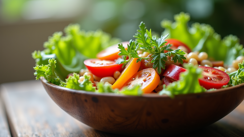 Close-up view of a bowl of fresh mixed salad with colorful vegetables