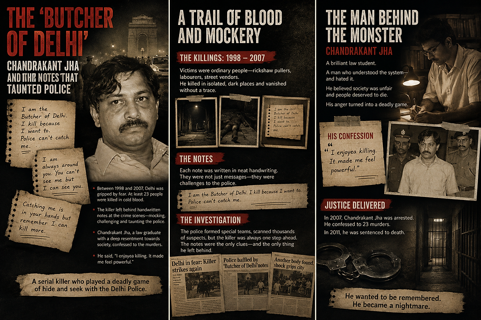 Three-panel poster on Delhi serial killer Chandrakant Jha, with mugshot, handwritten notes, police photos, and bold crime headlines.