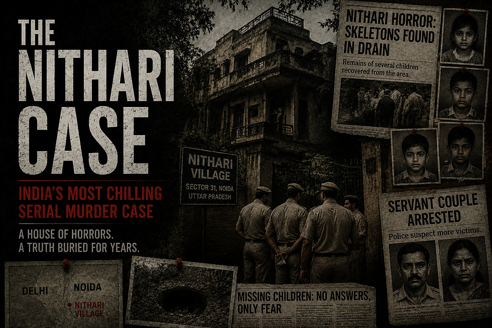 Dark poster about the Nithari case shows a decaying house, police, missing children photos, and headlines about horror in Noida.