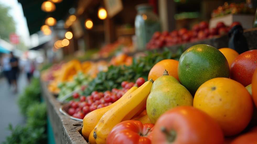 Eye-level view of fresh tropical fruits and vegetables on a market stall