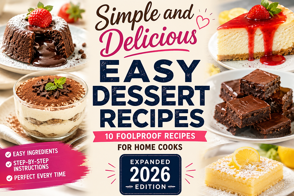 Colorful dessert recipe book cover featuring chocolate lava cake, cheesecake, brownies, tiramisu, and lemon bars with bold typography reading “Simple and Delicious Easy Dessert Recipes – Expanded 2026 Edition.”