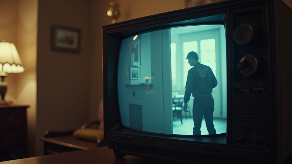 Eye-level view of a vintage television screen showing a crime documentary scene