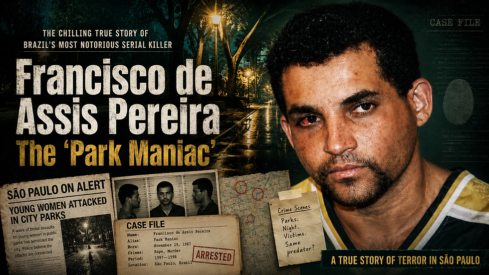 Poster of Francisco de Assis Pereira, the Park Maniac, over a dark park at night with case-file clippings and arrest details.