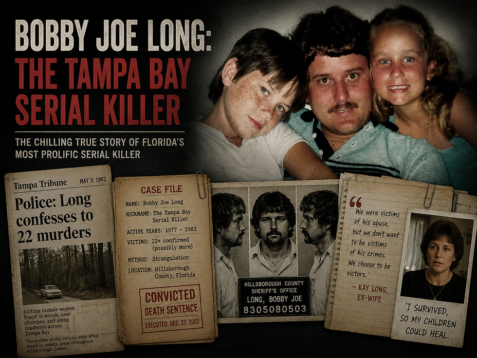 Bobby Joe Long true-crime poster with family photos, case files, mugshot, and headlines about Tampa Bay serial killer.