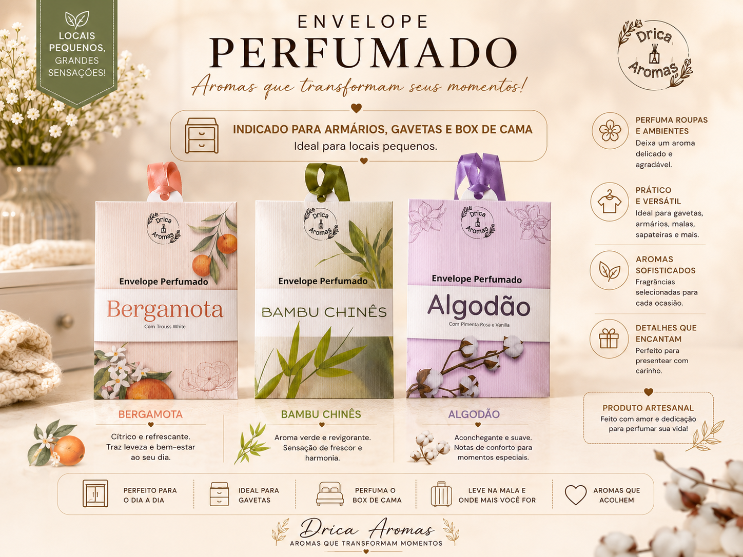 Envelope perfumado para ambientes pequeno | Drica Aromas