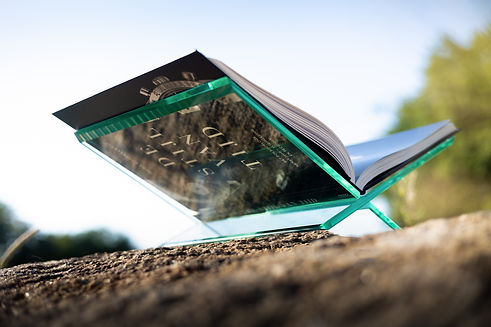 Detailfoto ROKUY The Stand – gehard glas met blauwgroene gloed in zonlicht