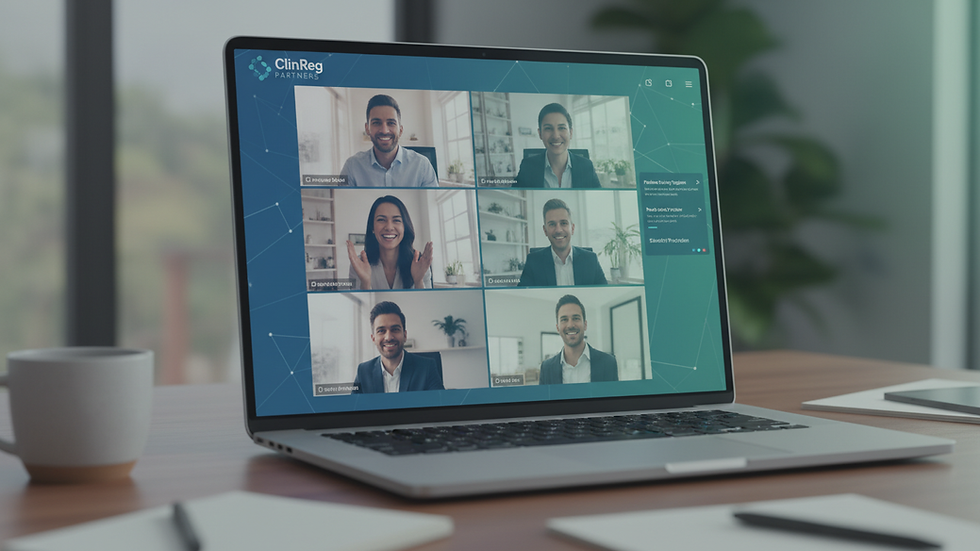 Eye-level view of a laptop screen showing a virtual meeting with multiple participants