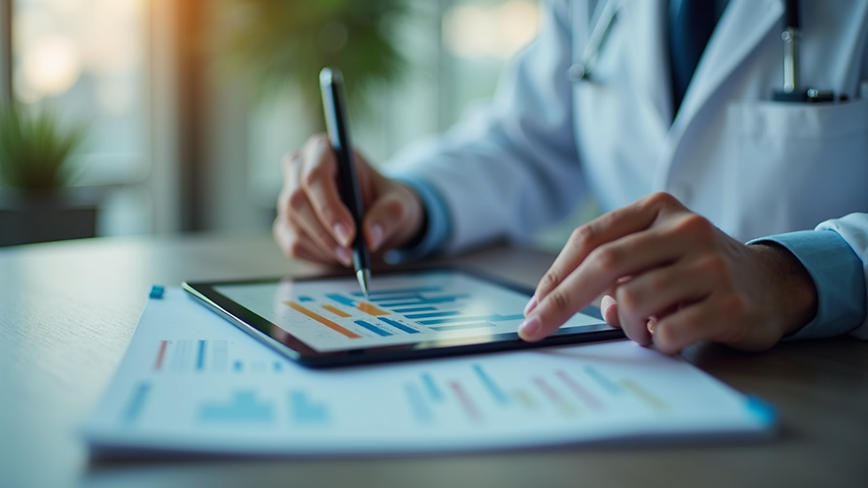 Close-up view of a project manager reviewing pharmaceutical project timelines on a digital tablet