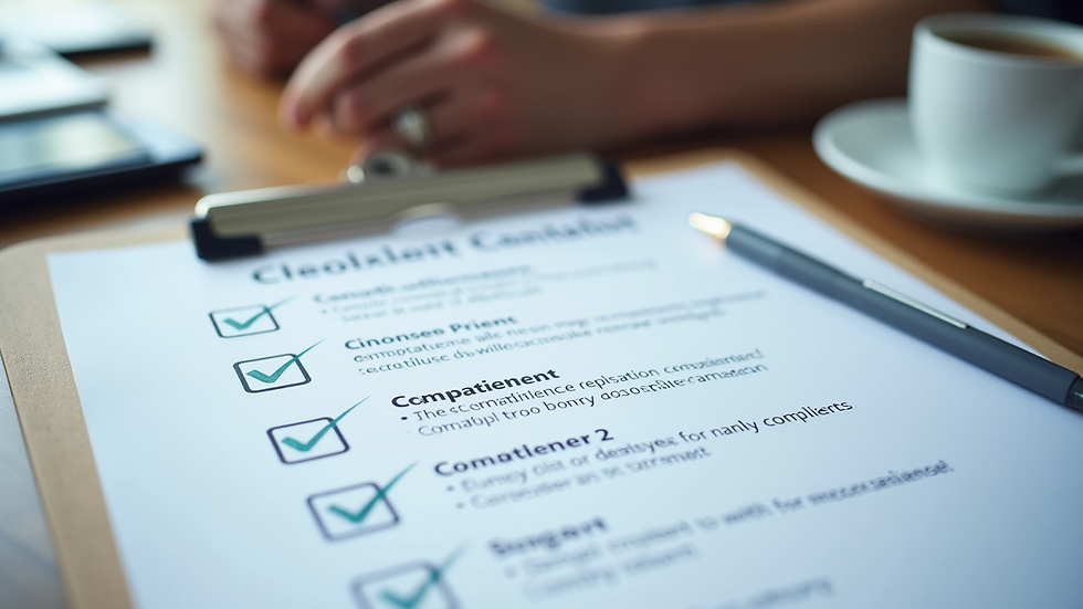 Close-up view of a compliance checklist on a clipboard with a pen