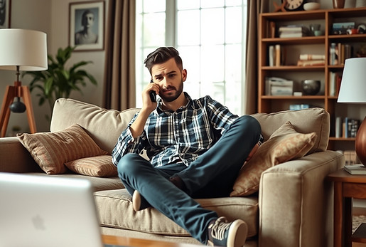 Young man sittin in his living room on a couch all stressed out and calling on cell phone.