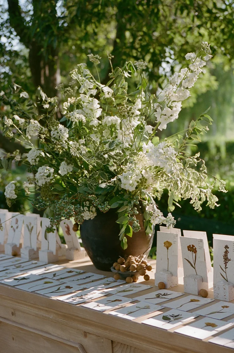 Garden wedding seating display with flowers and personalized table assignments