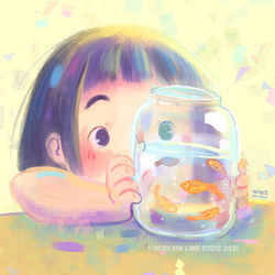 Heidi Rodis Children's Book Illustration Portfolio Whimsical Colorful Girl Looking at Jar of Fish