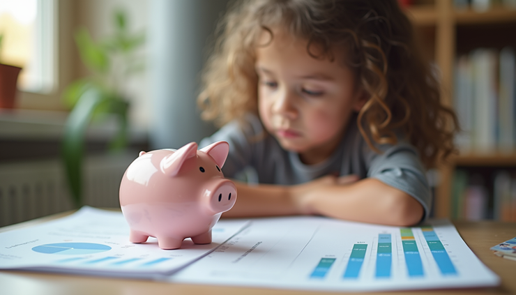 Vista lateral de uma criança aprendendo sobre finanças com um cofrinho e gráficos simples