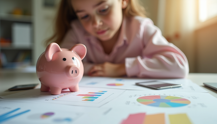 Vista lateral de uma criança aprendendo sobre finanças com um cofrinho e gráficos coloridos