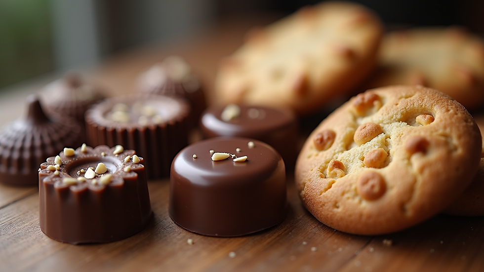 Close-up view of a selection of artisan chocolates and gourmet cookies