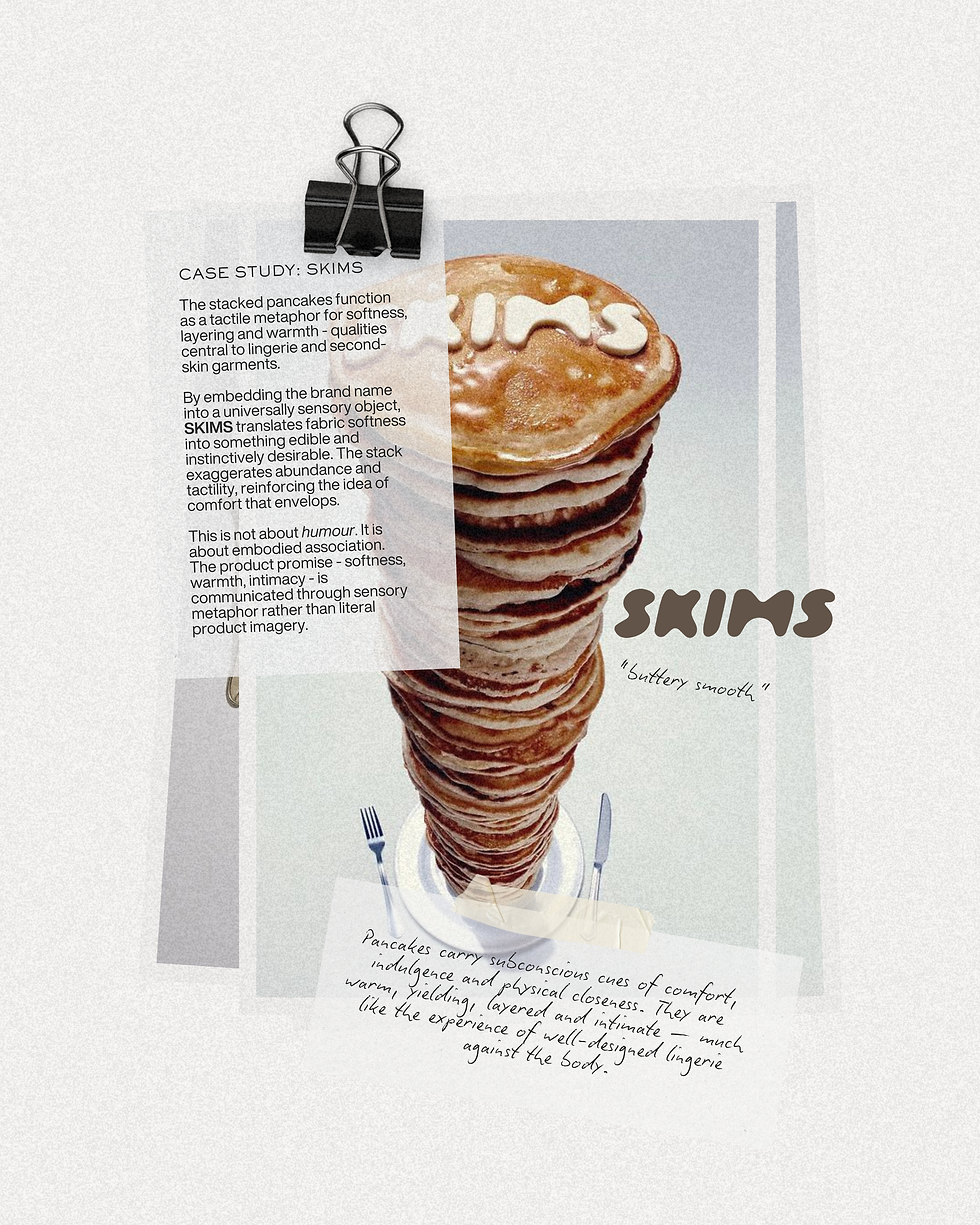 SKIMS logo embedded into stacked pancakes, representing sensory branding and softness through edible metaphor in luxury lingerie marketing.