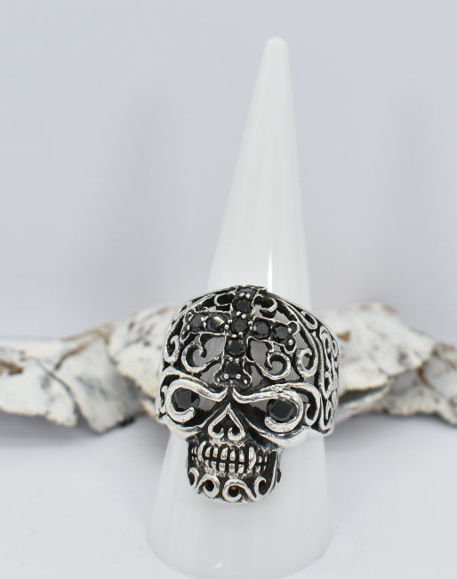 Thumbnail: 925 Silver Medium-weight Skull Ring with Black Spinal