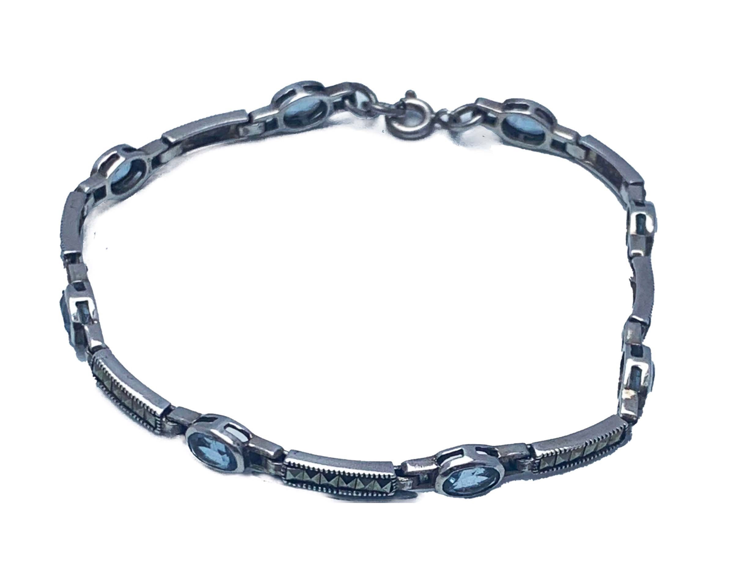 925 Silver Blue Topaz Zirconia & Russian Marcasite Oval Bracelet