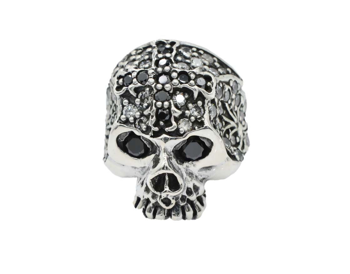 925 Silver Heavyweight Skull & Crossbow Ring with Garnets & Zirconias