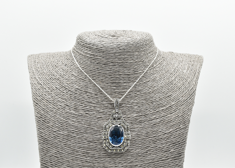 Thumbnail: 925 Silver Blue Topaz Zirconia & Russian Marcasite Large Square Pendant