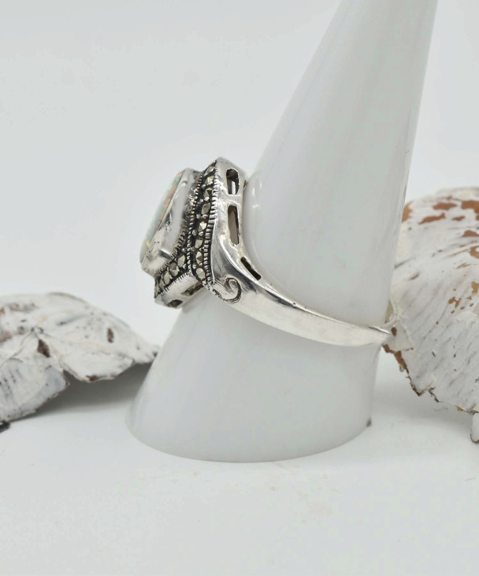 Thumbnail: 925 Silver White Opal & Marcasite Vintage Style Ring