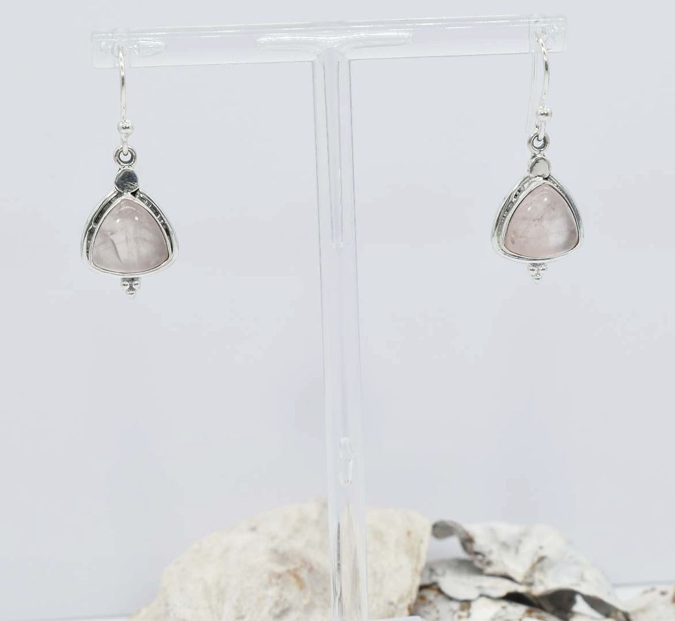 Thumbnail: 925 Silver Rose Quartz BohoTriangular Drop Earrings