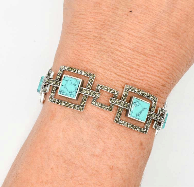 Thumbnail: 925 Silver Green Turquoise & Marcasite Square  Bracelet