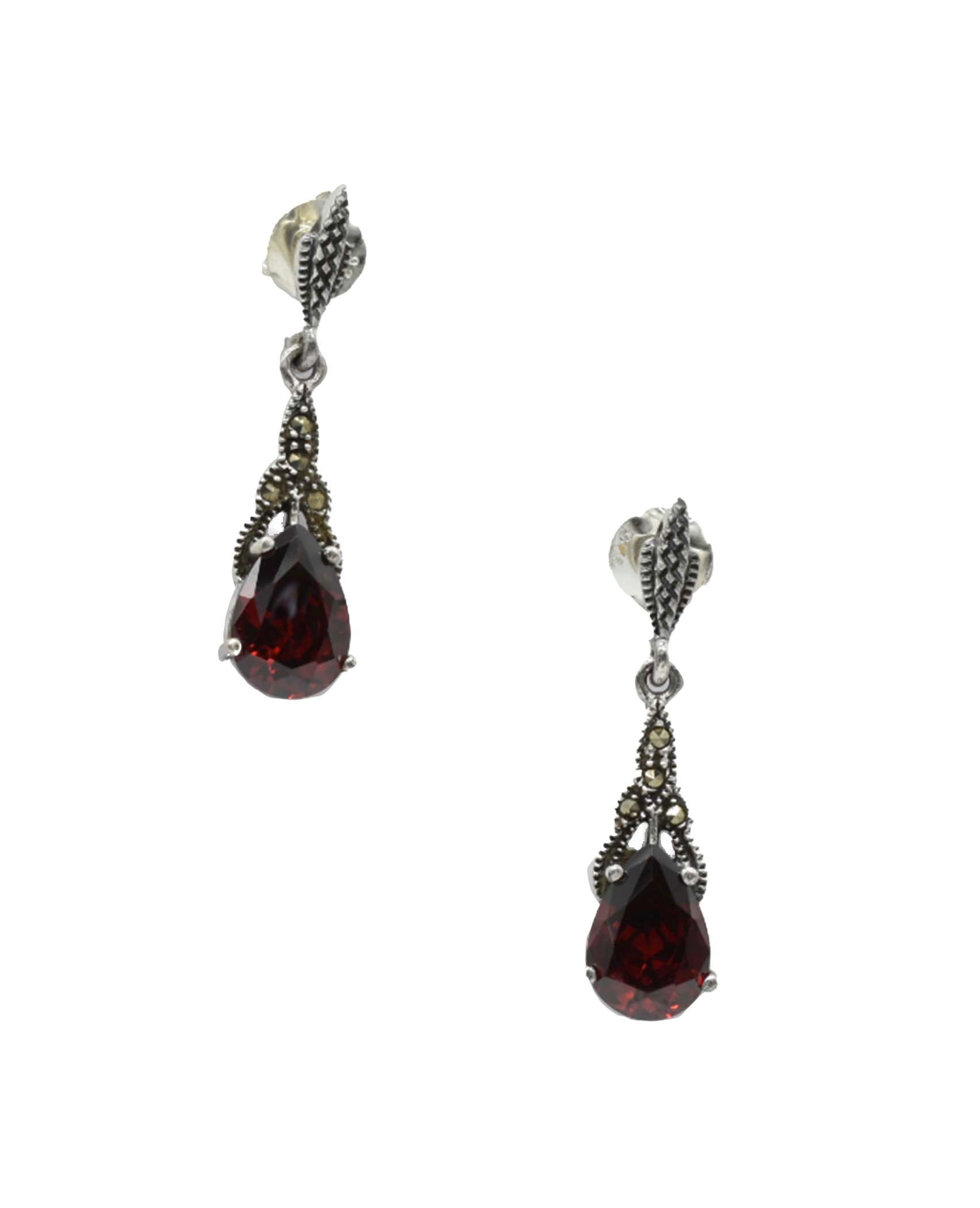 925 Silver Garnet Zirconia Marcasite Pierced Earrings