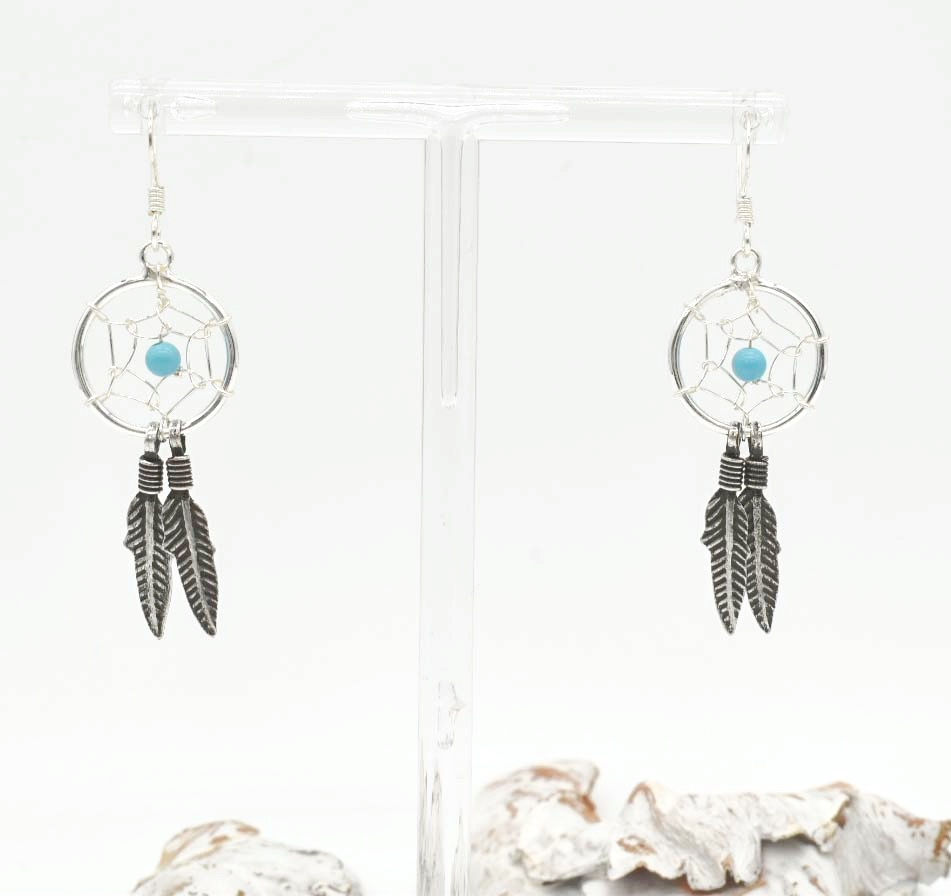 Thumbnail: 925 Silver Turquoise Dreamcatcher Drop Earrings