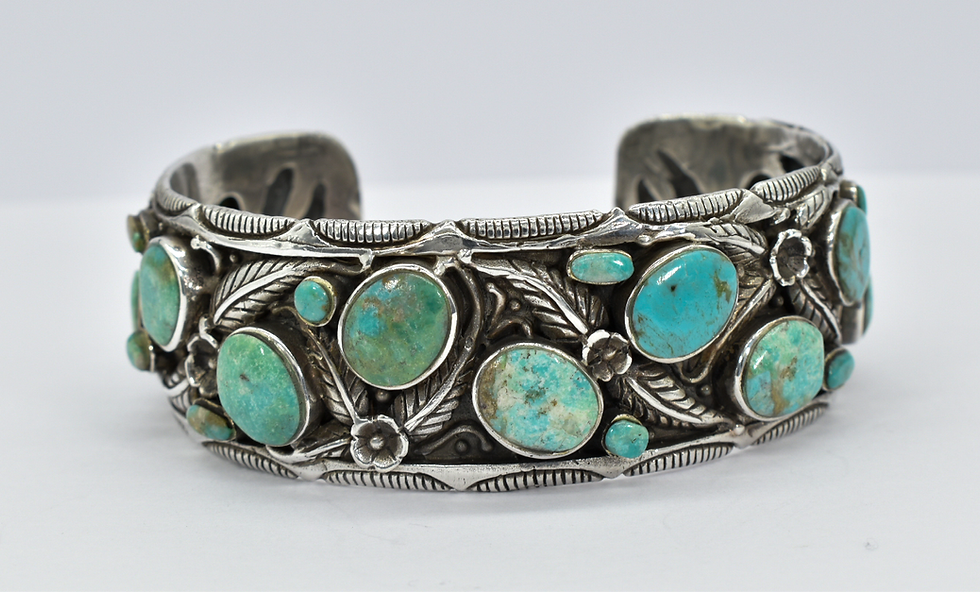 Thumbnail: 925 Silver & Turquoise Extra Heavy Floral Statement Bangle