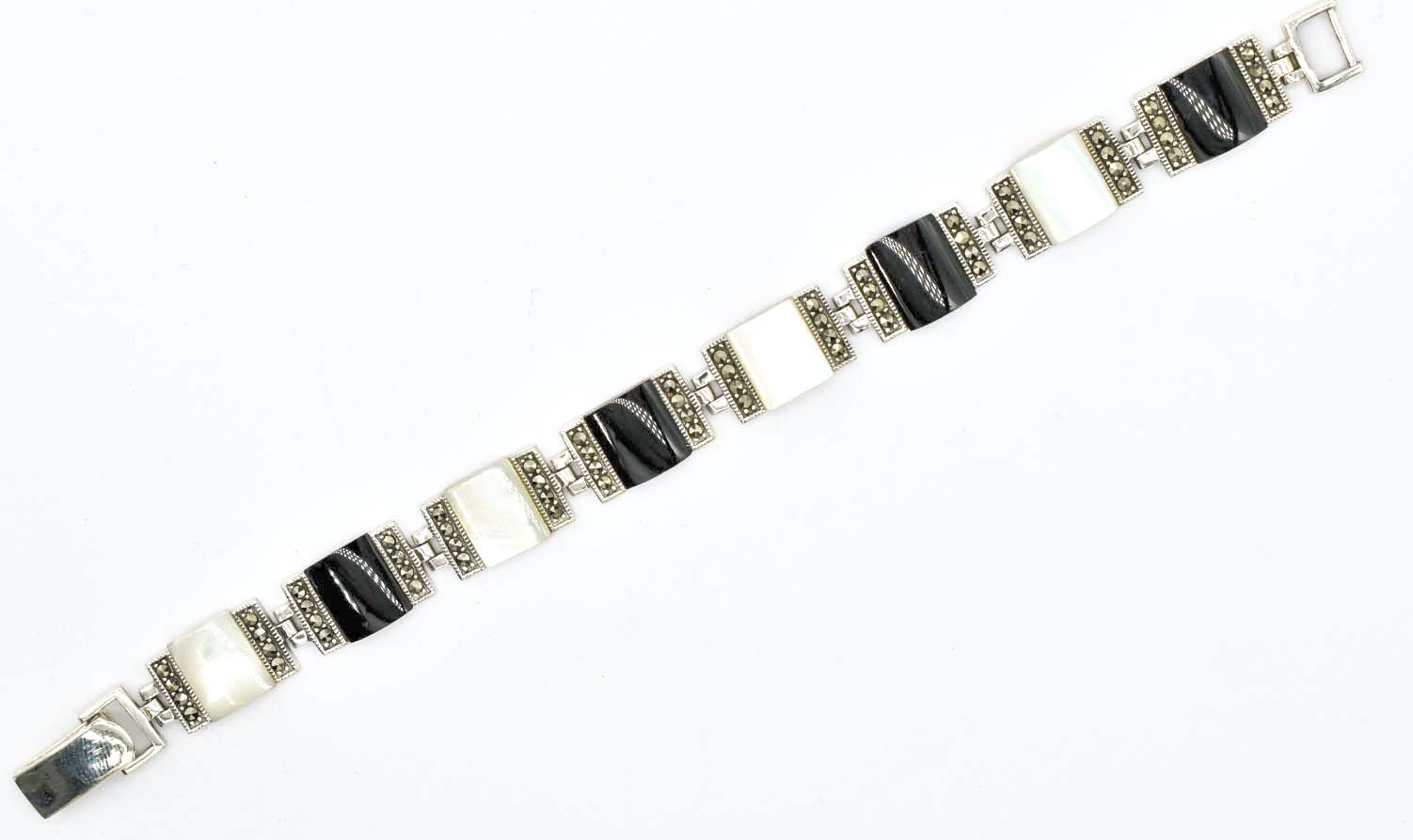 925 Silver Black Onyx & Mother of Pearl Marcasite Square Bracelet