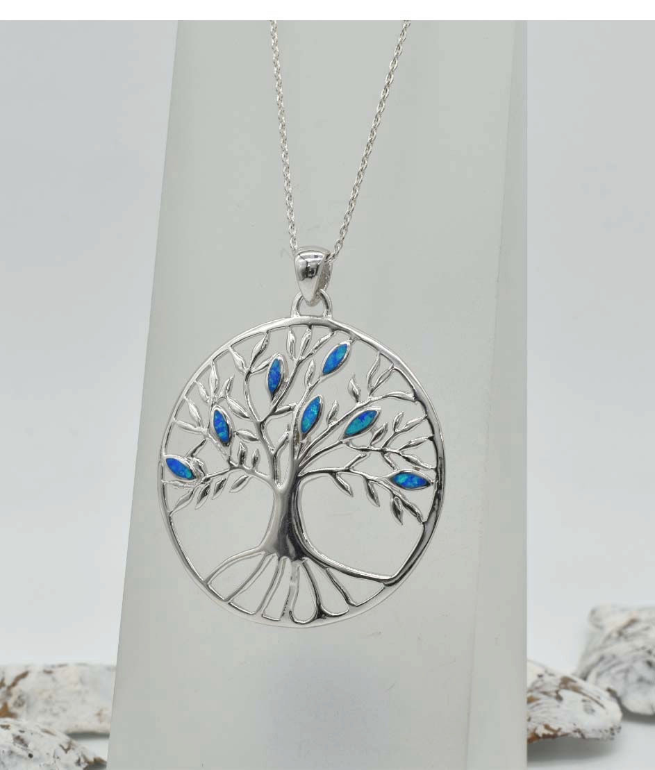 Thumbnail: 925 Silver Blue Opal Large Tree of Life Pendant