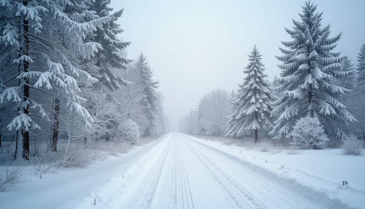 High angle view of a peaceful winter scene with snow-covered trees and a quiet path