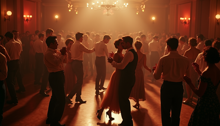 High angle view of a wartime dance hall with couples dancing to a big band