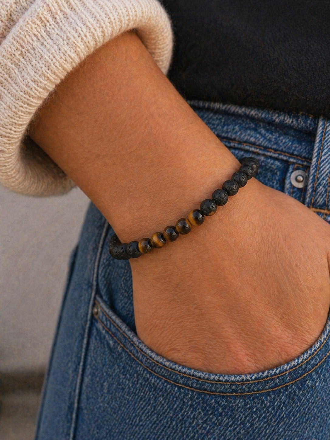 Bracelet puissance en pierre de lave et œil de tigre 8 mm, bracelet élastique fait main en Belgique
