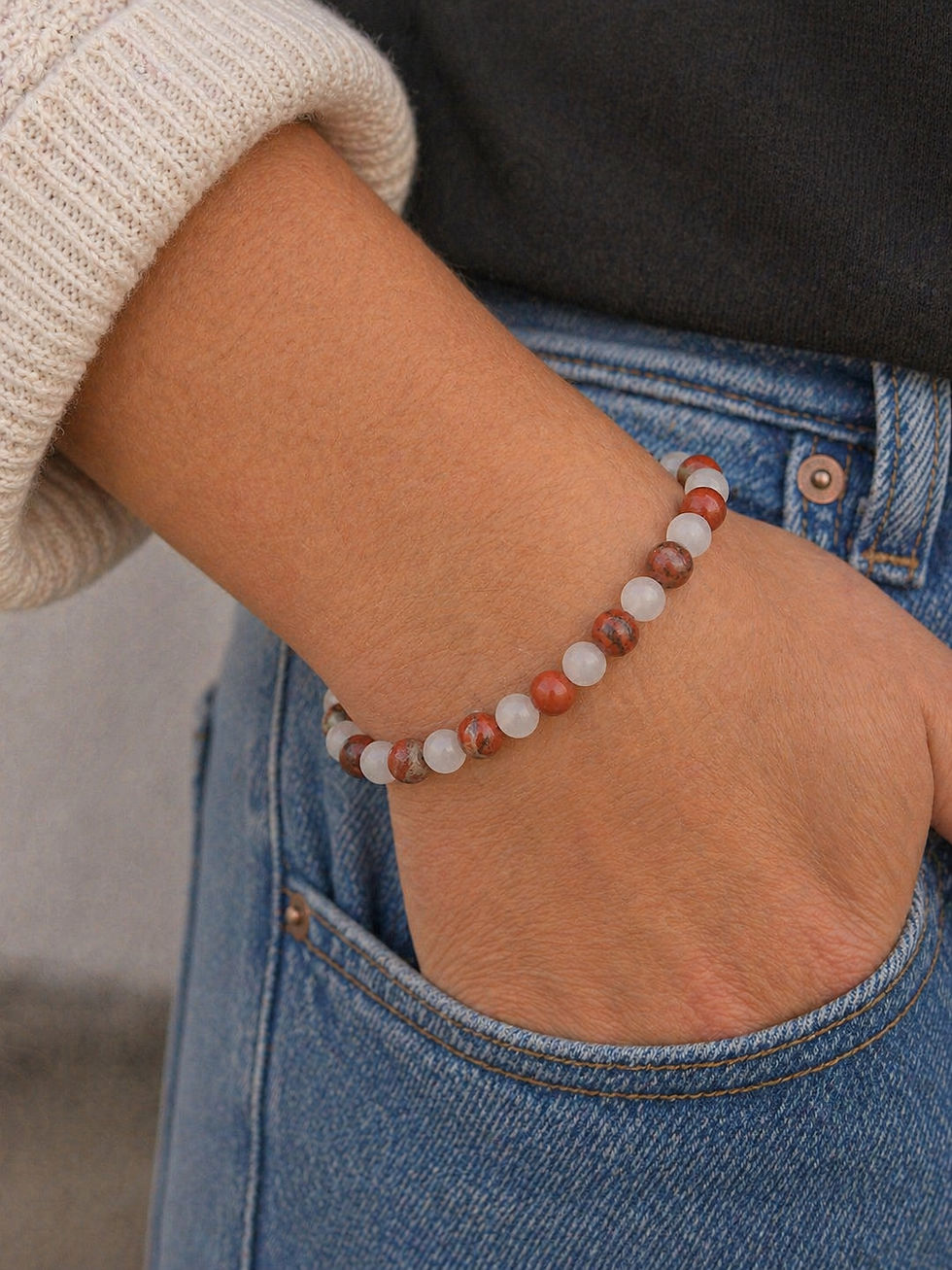 Bracelet énergie cristalline en jaspe rouge et sélénite 8 mm avec breloques arbre de vie, bracelet élastique fait main en Bel