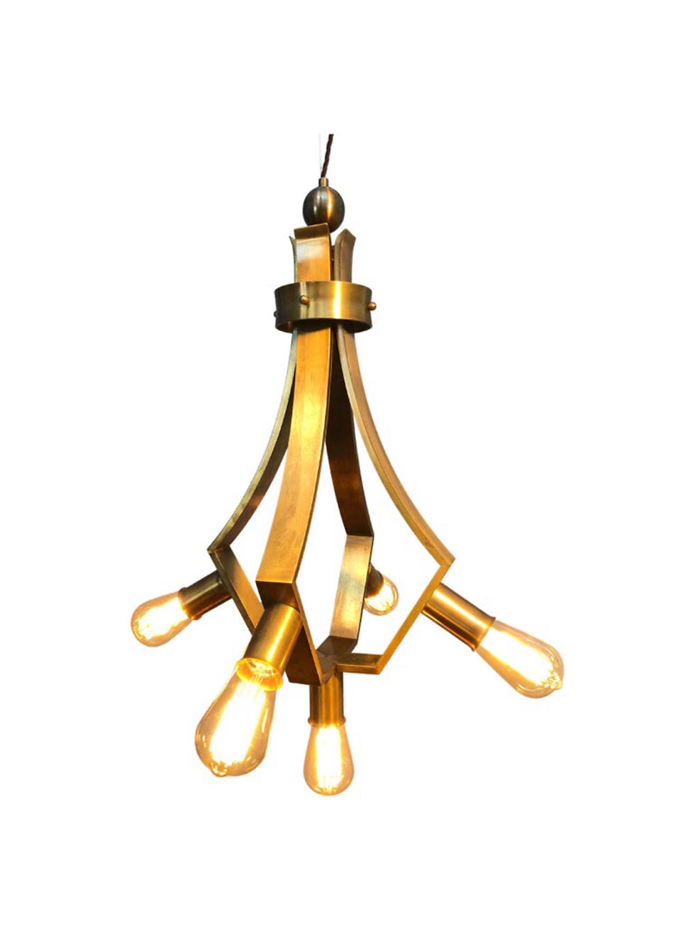 Vintage Brass Mid Century Brutalist 5 Lamp Chandelier