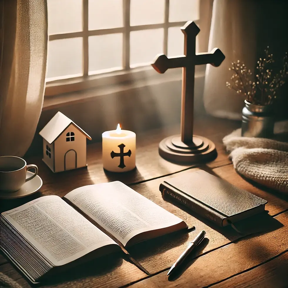 A peaceful scene featuring an open Bible, a lit candle, and a journal with a pen on a wooden table. Soft sunlight filters through a nearby window, with a cross visible in the background, symbolizing spiritual preparation and reflection