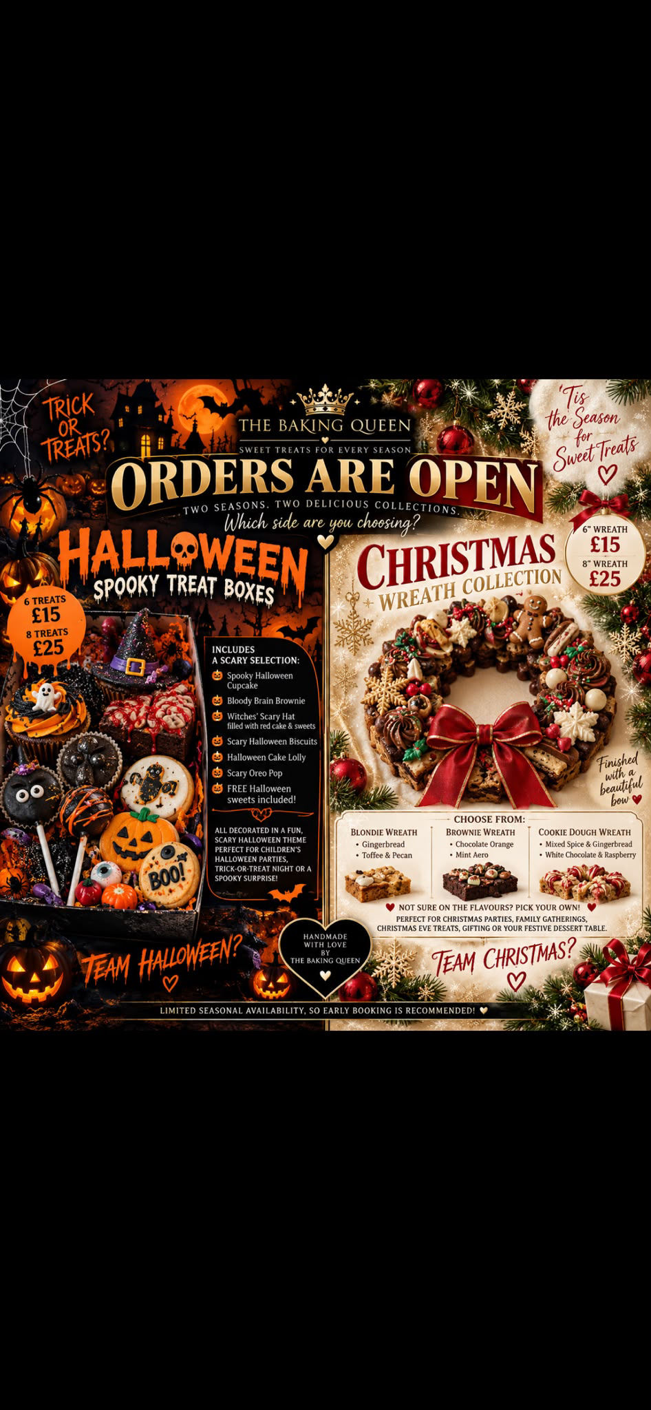 The Baking Queen Halloween treat boxes and Christmas wreath collection, with seasonal handmade sweet treats.