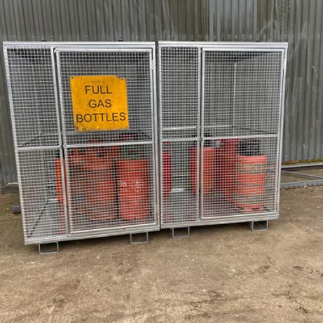 Fully galvanised gas storage cages with forklift pockets engineered by WS Barrett and Son Ltd.