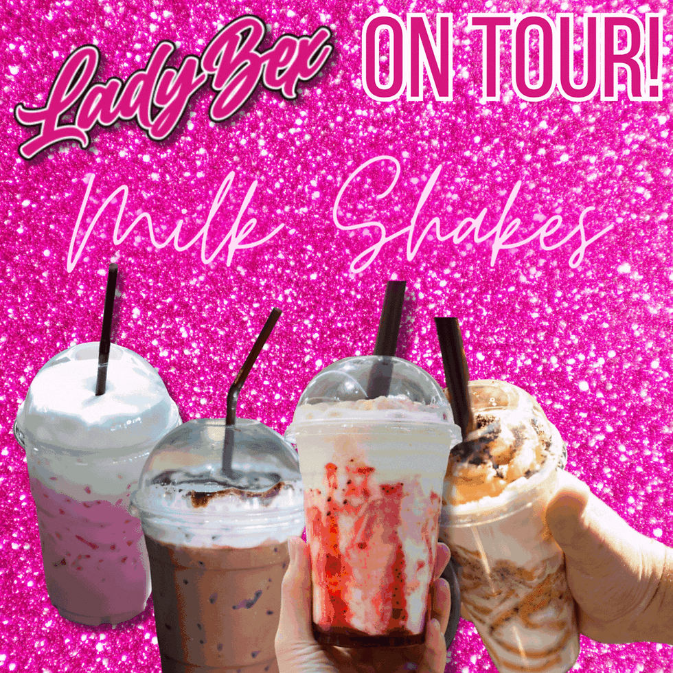 Hands hold four milkshakes against a pink glittery background. Text reads "Lady Bex ON TOUR! Milk Shakes." Vibrant and fun mood.