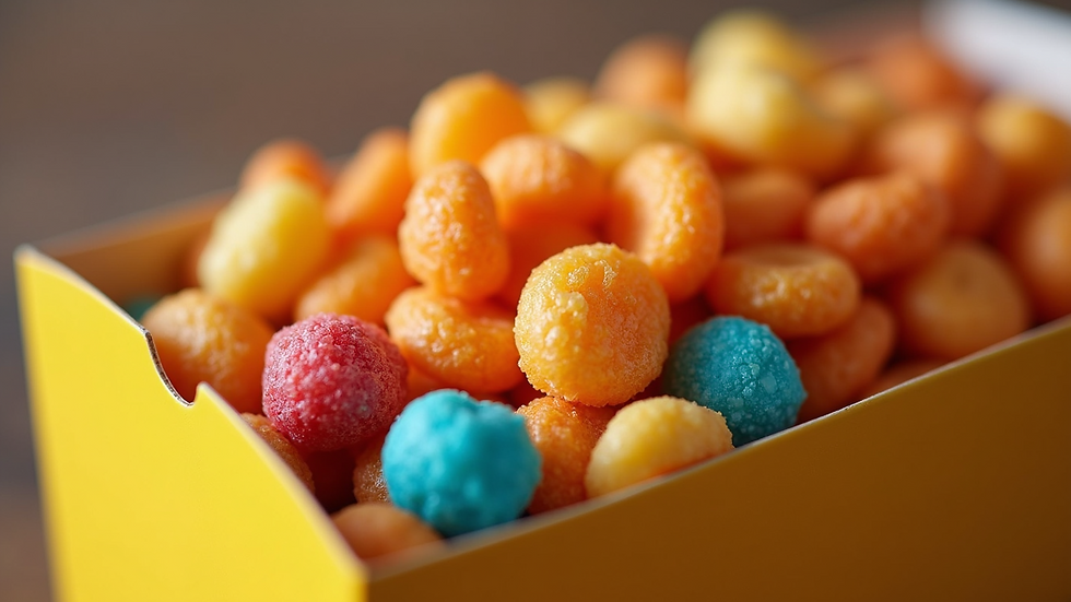 Close-up view of a colorful assortment of snacks in a Crunch Junky snack box