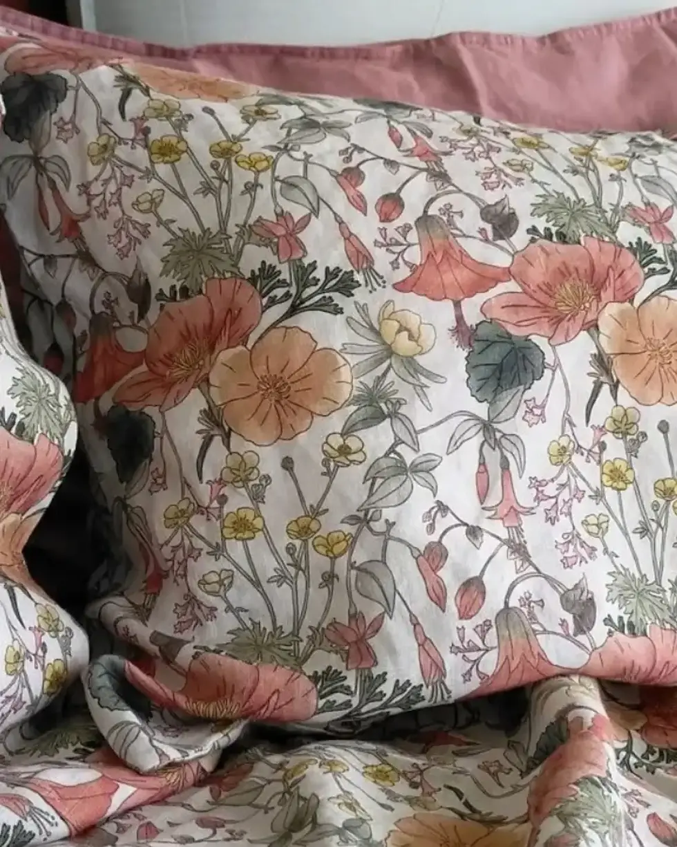 Secret Garden floral French flax linen bedding close-up showing soft texture and natural weave