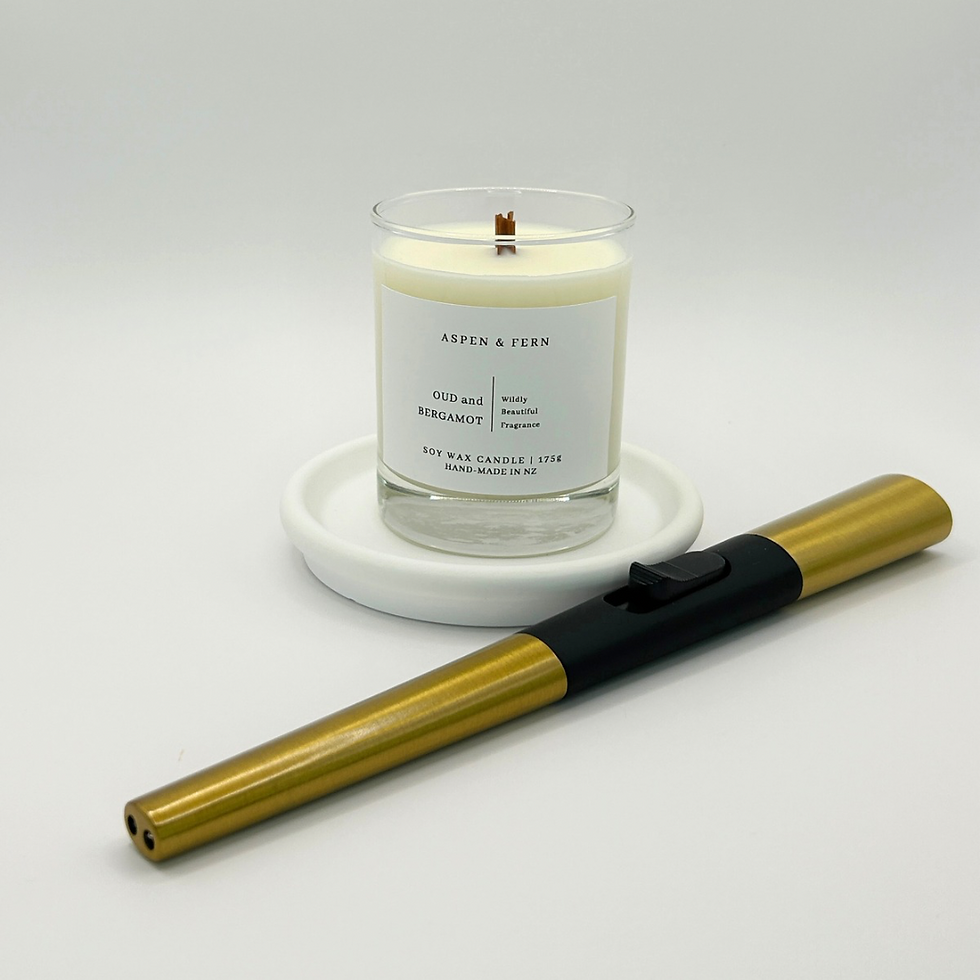 Thumbnail: Oud and Bergamot scented soy candle with flint fire lighter