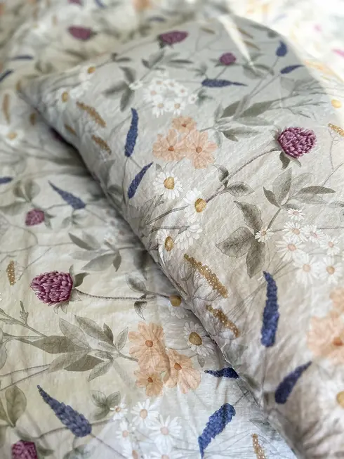 Wild Blooms French flax linen Duvet and Pillowcases showing close up detail