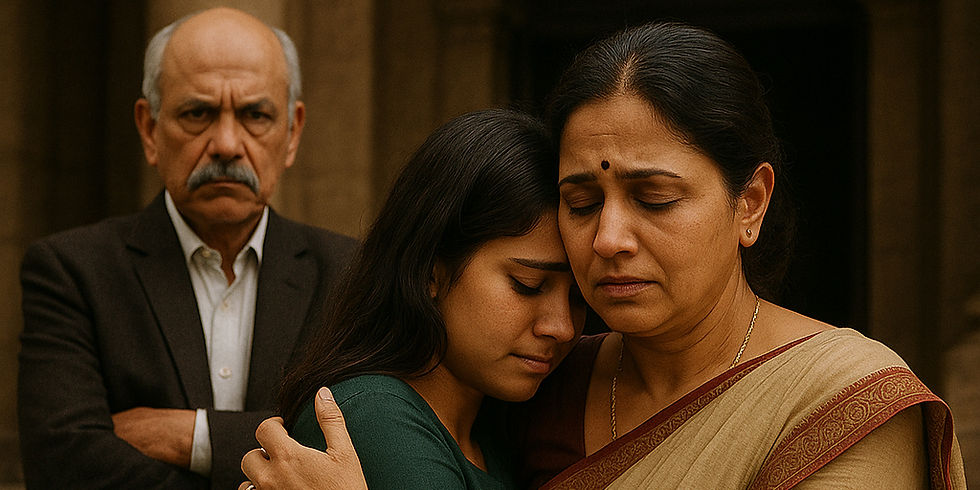 Illustrative AI-generated image showing a mother and daughter hugging tightly outside an Indian courthouse. The mother appears emotional and protective, while the daughter leans into the embrace. In the background, an older man stands with a stern, angry expression. The scene symbolically represents family conflict in a legal setting.
